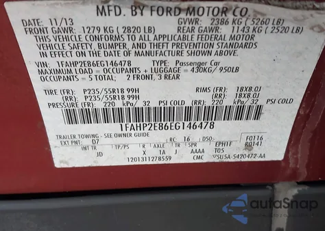 2014 Ford Taurus Sel из США, поврежденный, VIN 1FAHP2E86EG146478